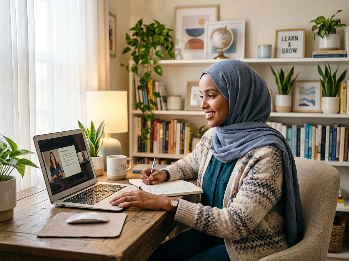 Young woman in hijab learning online — seated in front of a laptop