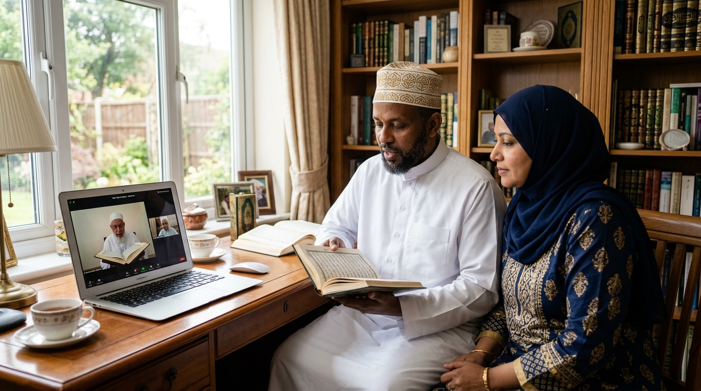 Adult couple learning Qur'an online — husband holding an open Qur'an with a laptop in front of them