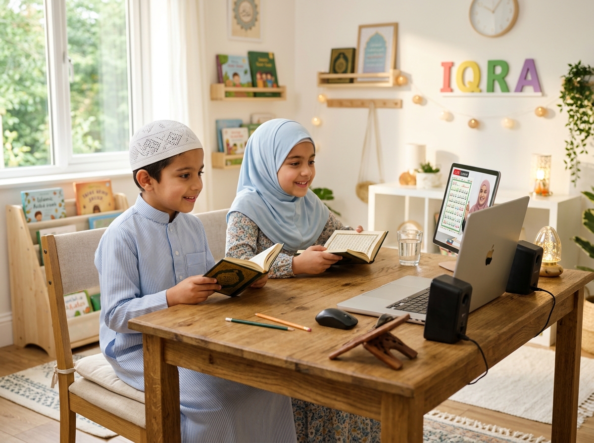 A boy and a girl memorising the Qur'an online — each holding a Qur'an with a laptop visible