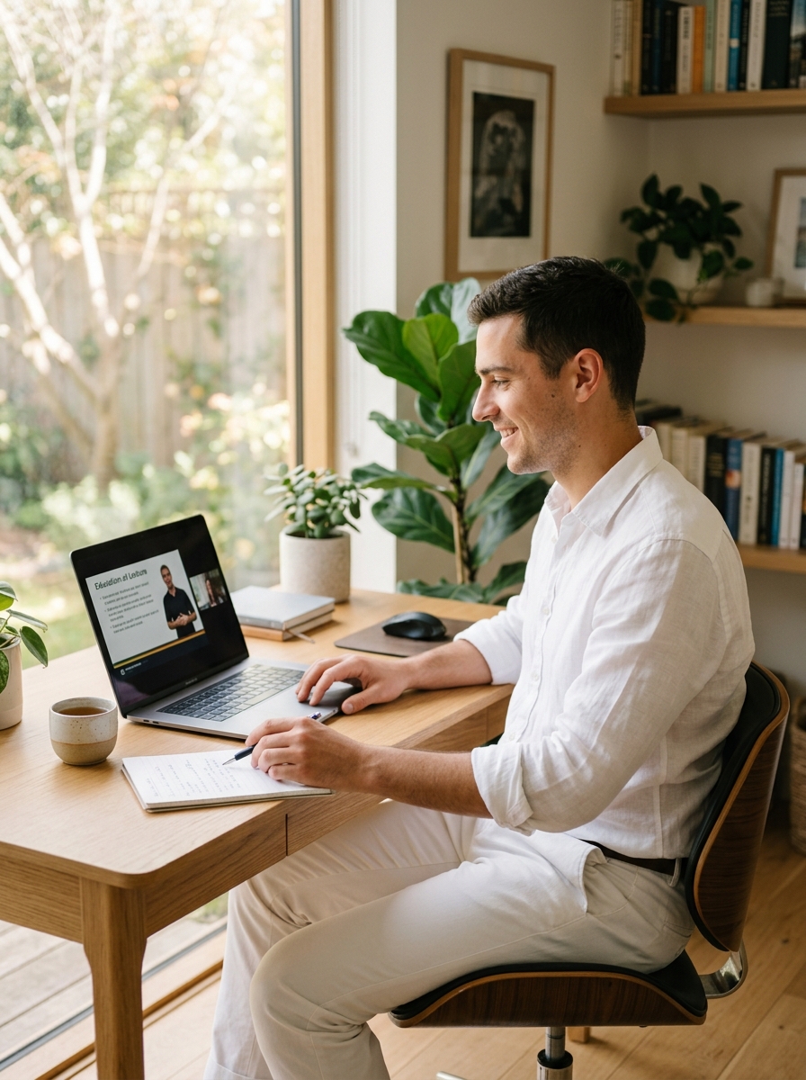 Young man learning online — seated in front of a laptop in a bright study