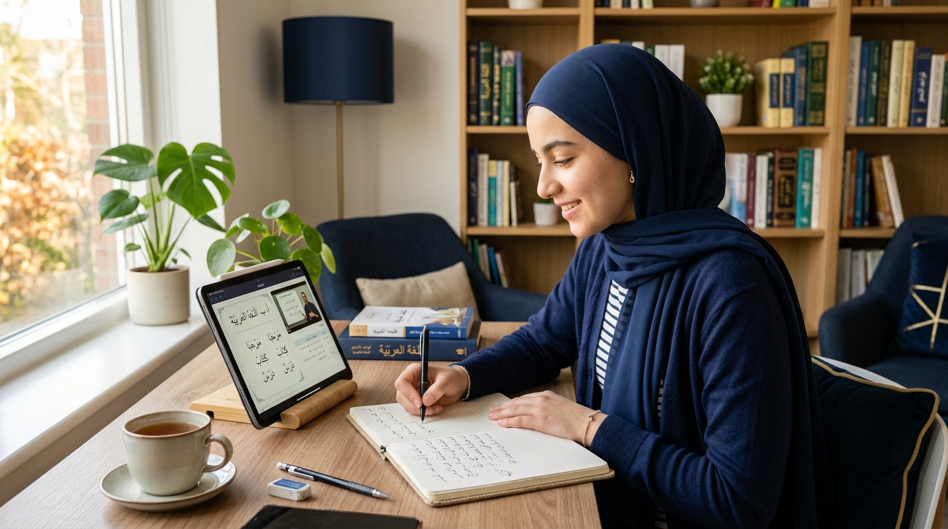 Young woman in hijab studying Arabic online on a tablet