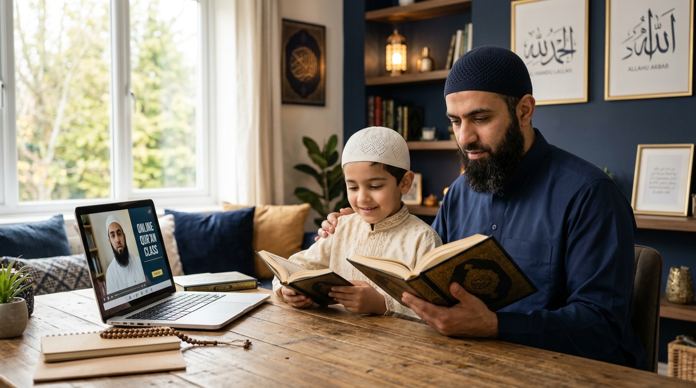 Father and son holding open Qur'ans during an online lesson