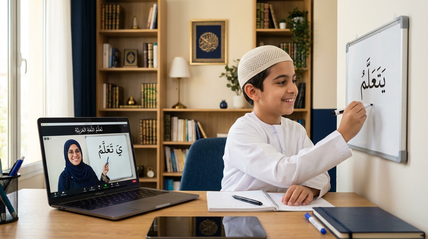 Young student writing Arabic on a whiteboard during an online lesson