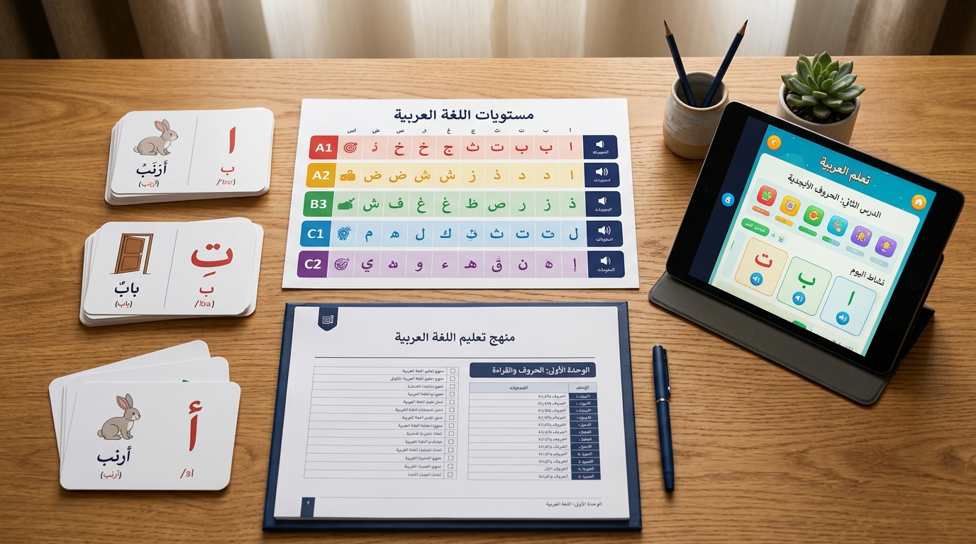 Organised Arabic learning materials and level charts on a desk