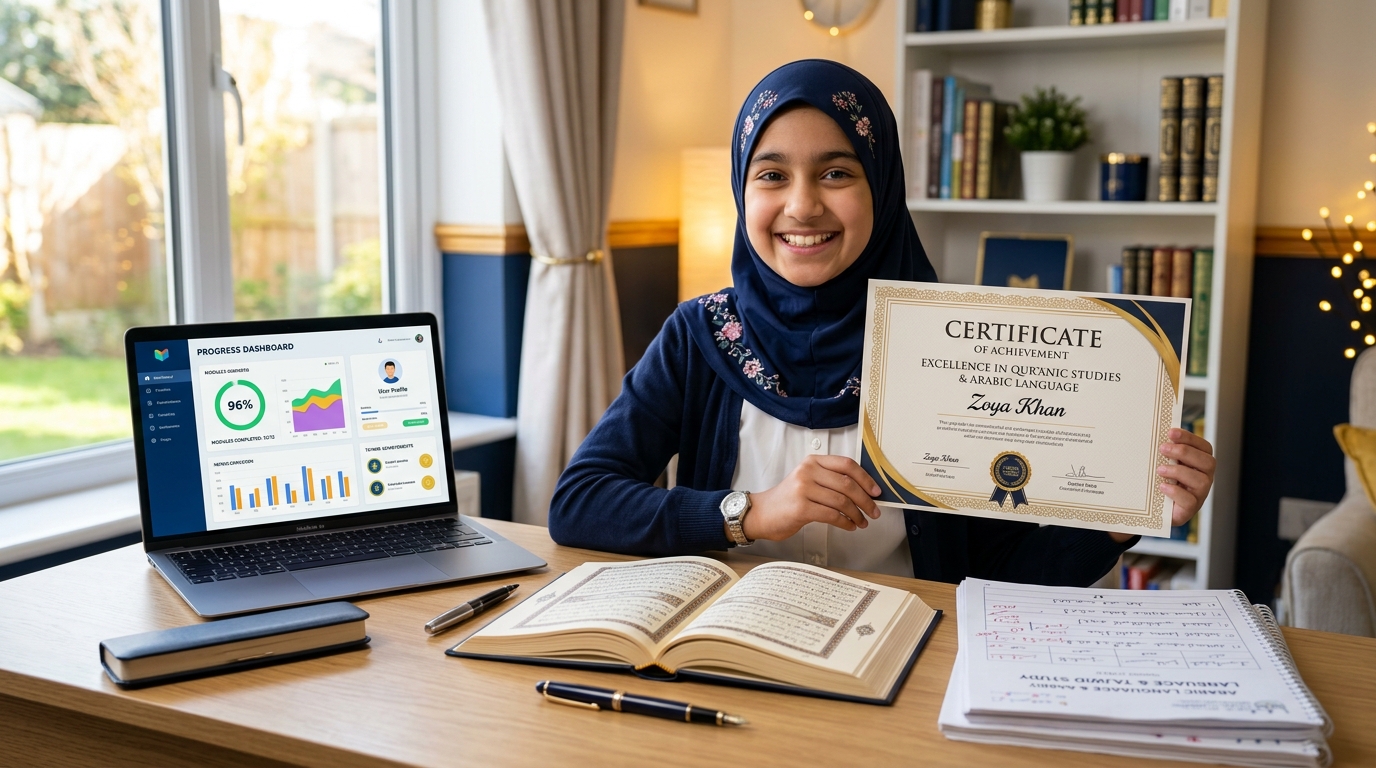 Student proudly holding a certificate of achievement with progress dashboard