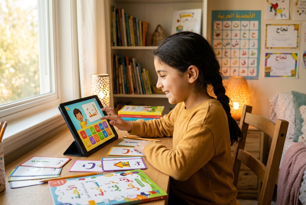 Young child happily learning Arabic on a tablet with colourful flashcards and learning materials