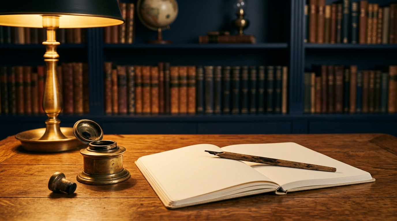 Elegant Arabic calligraphy workspace with a traditional reed pen, ink well, and open notebook on a wooden desk with navy bookshelves
