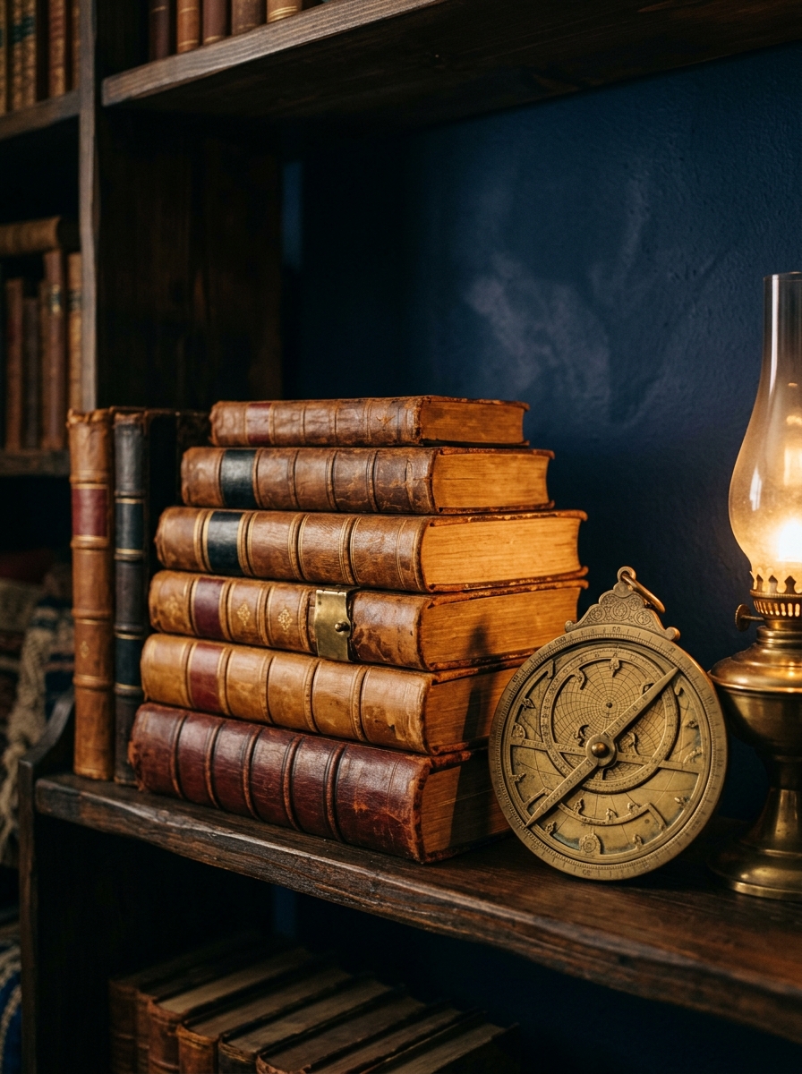Classical scholarly books and a brass astrolabe on a dark wooden shelf with warm amber lamplight