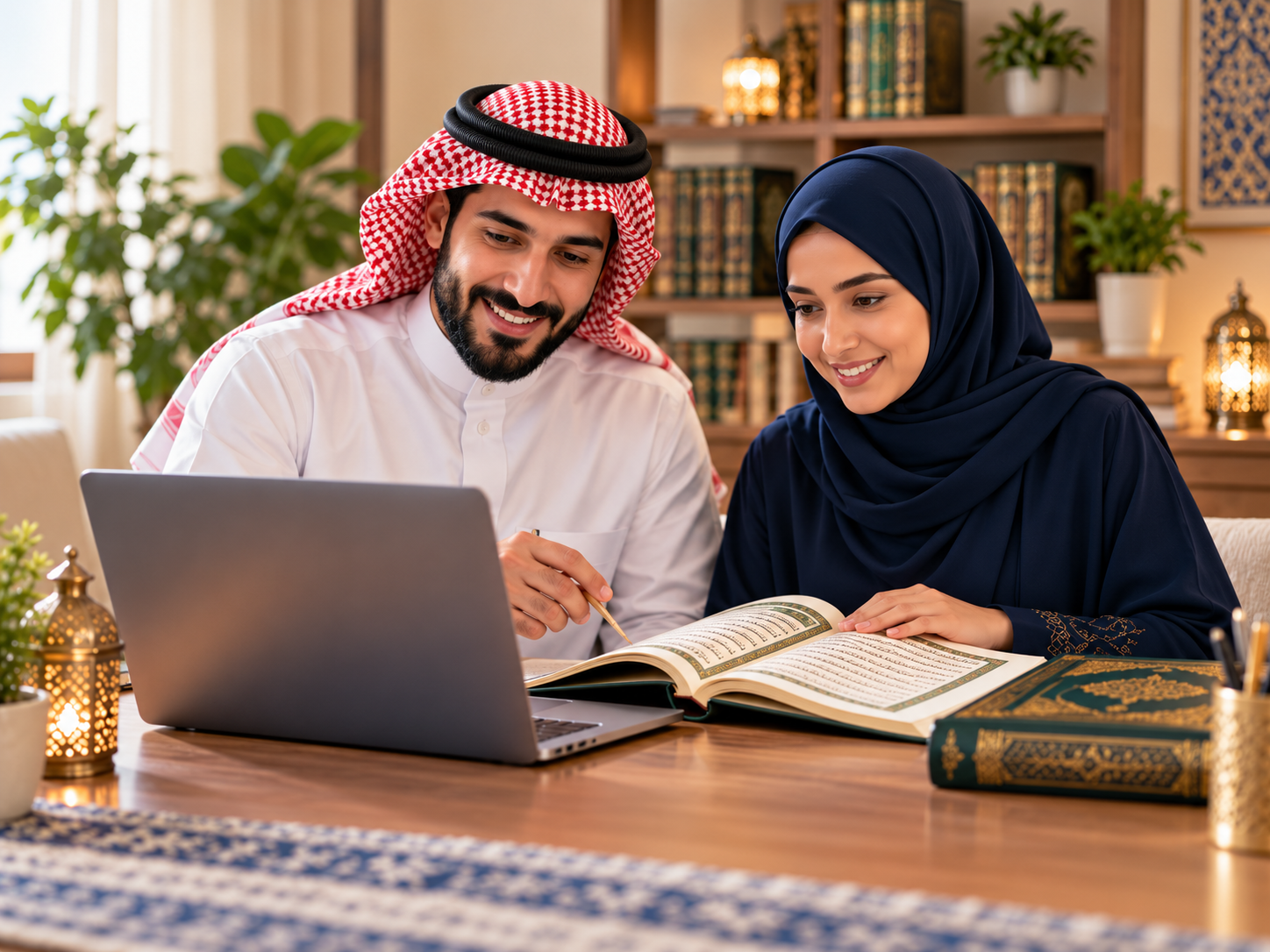 Couple studying the Qur'an together with a laptop